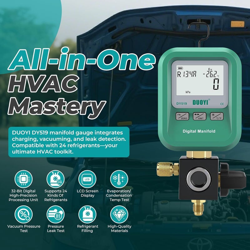 DUOYI DY519 3-in-1 HVAC Digital Manifold Vacuum Gauge Refrigerant Charging, Vacuum Testing & Leak Detection 24 Refrigerant NIST Compatible High Precision Pressure Meter for AC Pros & DIYers - Image 2